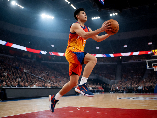 NBA篮球比赛中球员持球突破上篮的动态瞬间，球场灯光和观众席氛围感十足